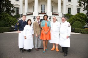 The First Lady Michelle Obama with Mario Batali at White House 